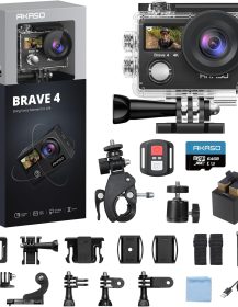 AKASO Brave 4 Action Camera 4K 30fps with 64GB MicroSD U3 Card Bicycle Helmet Accessories Kit Bundle, 20MP Ultra HD 131FT Waterproof Underwater Camera EIS WiFi Remote Control 5X Zoom Sport Cameras